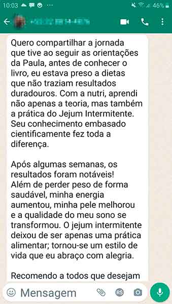 Depoimento no WhatsApp: leitora conta que perdeu peso de forma saudável, ganhou energia e melhorou a pele e o sono