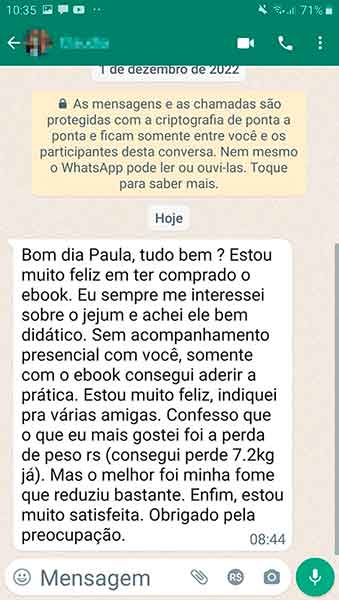 Depoimento no WhatsApp: leitora achou o e-book didático, perdeu 7,2kg e sentiu a fome reduzir bastante